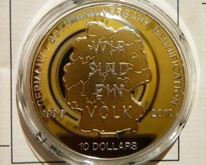 10$ NAURU 2010 ZJEDNOCZENIE NIEMIEC Ag 999 Oz +CER