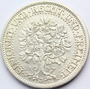 5 REICHSMARK WEIMAR 1927 J DĄB RZADKA SUPER STAN 
