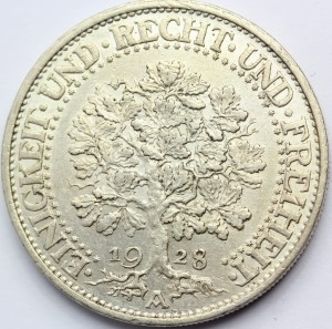 5 REICHSMARK WEIMAR 1928 A DĄB RZADKA SUPER STAN N.1