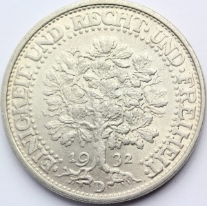 5 REICHSMARK WEIMAR 1932 D DĄB RZADKA SUPER STAN 1