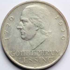 5 REICHSMARK WEIMAR 1929 D GOTTHOLD LESSING RZADKA Nr.2