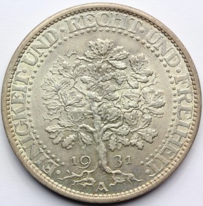 5 REICHSMARK WEIMAR 1931 A DĄB RZADKA SUPER STAN Nr.3