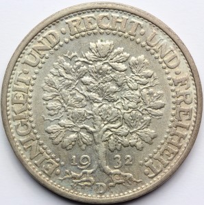 5 REICHSMARK WEIMAR 1932 D DĄB RZADKA SUPER STAN Nr.2