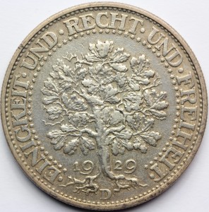 5 REICHSMARK WEIMAR 1929 D DĄB RZADKA SUPER STAN Nr.4