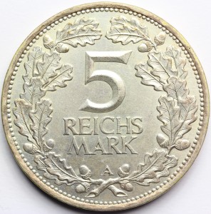 5 REICHSMARK WEIMAR NIEMCY 1925 A 100 LAT NADRENII Nr.1