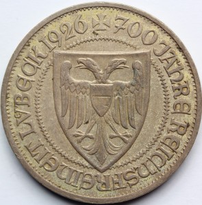 3 REICHSMARK WEIMAR 1926 WOLNE MIASTO LUBEKA RZADKA Nr8 
