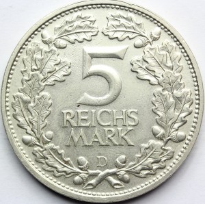 5 REICHSMARK WEIMAR NIEMCY 1925 D 100 LAT NADRENII Nr.1