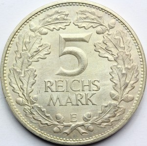 5 REICHSMARK WEIMAR NIEMCY 1925 E 100 LAT NADRENII Nr.1