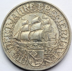3 REICHSMARK WEIMAR 1927 100-LECIE BREMERHAVEN Nr.1