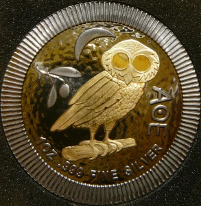 2$ NIUE 2022 GRECKA ATEŃSKA SOWA PUCHACZ Ag/Au Oz RUTHEN