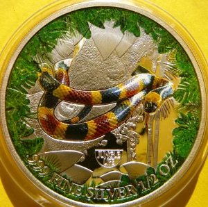 500 FRANK KAMERUN 2021 WĄŻ KORALOWY ŻYCIE W DŻUNGLI KOLOR Ag 999