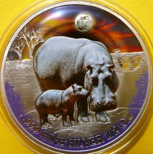 500 FRANK KAMERUN 2022 HIPOPOTAM ŻYCIE SAWANNY KOLOR Ag 999