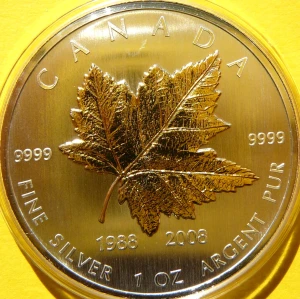 5$ KANADA 2008 MAPLE LEAF LIŚĆ KLONU 20 ROCZNICA ZŁOCONA