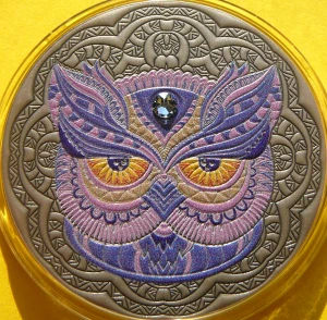  2 CEDIS GHANA 2020 SOWA PUCHACZ MANDALA SWAROVSKI SREBRO KOLOR  +CER