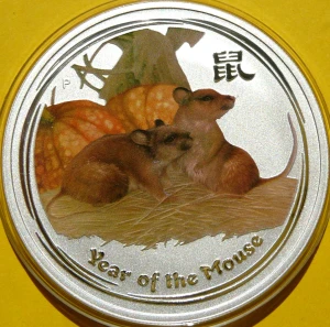 1$ AUSTRALIA 2008 LUNAR ROK SZCZURA MYSZA Ag Oz KOLOR
