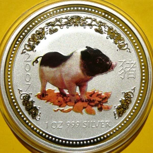 1$ AUSTRALIA 2007 LUNAR ROK ŚWINIA SREBRO UNCJA KOLOR