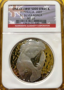 1$ AUSTRALIA 2007 MIŚ KOALA ONE OF FIRST MS 69 GRADING NGC