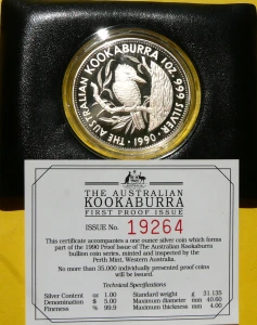 5$ AUSTRALIA 1990 PTAK KOOKABURRA SREBRO UNCJA PROOF