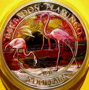 5$ BARBADOS 2020 PIĘKNE KOLOROWE PTAKI FLAMINGI Oz