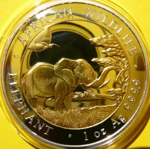 100 SHILL SOMALIA 2019 SŁOŃ AFRYKAŃSKI Ag 999 Oz ZŁOCONA 