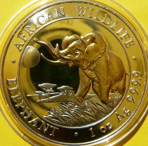 100 SHILL SOMALIA 2016 SŁOŃ AFRYKAŃSKI Ag 999 Oz ZŁOCONA