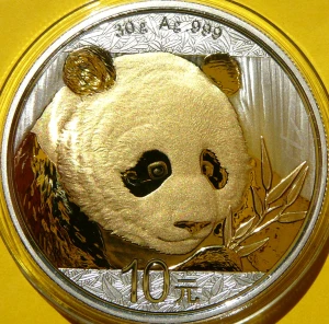 10 YUAN CHINY 2018 PANDA WIELKA SREBRO 999 ZŁOCONA