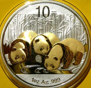 10 YUAN CHINY 2013 PANDA WIELKA SREBRO 999 ZŁOCONA