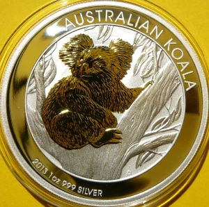 1$ AUSTRALIA 2013 MIŚ KOALA SREBRO 999 UNCJA ZŁOCONA