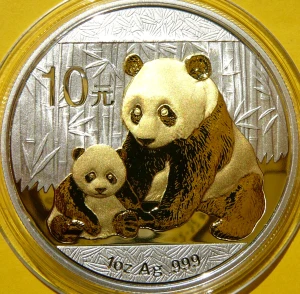 10 YUAN CHINY 2012 PANDA WIELKA SREBRO 999 UNCJA ZŁOCONA 