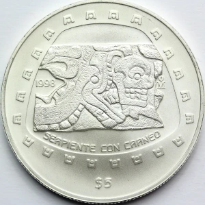 5 PESO MEKSYK 1998 WĄŻ Z CZASZKĄ PREKOLUMBIJSCY TOLTEKOWIE
