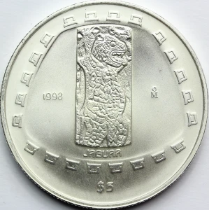 5 PESO MEKSYK 1998 JAGUAR PREKOLUMBIJSCY TOLTEKOWIE