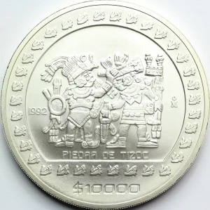 10000 PESO MEKSYK 1992 KAMIEŃ TIZOCA PREKOLUMBIJSCY AZTEKOWIE 5Oz