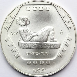 5 PESO MEKSYK 1994 CHAAC MOOL PREKOLUMBIJSCY MAJOWIE