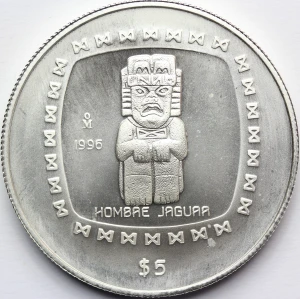 5 PESO MEKSYK 1996 CZŁOWIEK JAGUAR PREKOLUMBIJSCY OLMEKOWIE