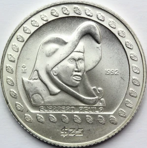 25 PESO MEKSYK 1992 INDIANIN GUERRERO AGUILA SREBRO