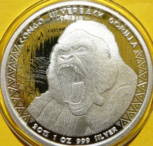 5000 FRANKÓW KONGO 2015 GORYL MAŁPA SREBRO 999 UNCJA