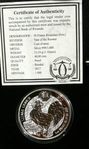 50 MIRONGO RWANDA 2017 ROOSTER ROK KOGUTA LUNAR SREBRO UNCJA PROOF