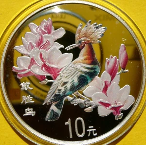 10 YUAN CHINY 2000 PTAK DUDEK SREBRO UNCJA KOLOR RZADKA
