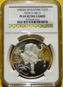 SZTABKA INVEST SINGAPUR 1986 TYGRYS BENGALSKI SREBRO UNCJA NGC PF69
