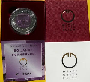 25 EURO AUSTRIA 2005 50 LAT TELEWIZJI NIOB Ag +CER