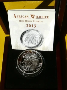 100 SHILL SOMALIA 2013 SŁOŃ SREBRO UNCJA HIGH RELIEF RZADKA +CER
