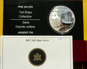 20$ KANADA 2007 ŻAGLOWIEC BRYGANTYNA SREBRO UNCJA KOLOR HOLOGRAM