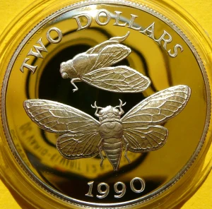 2 DOLLARS BERMUDY 1990 OWAD CYKADY FAUNA i FLORA SREBRO RZADKA