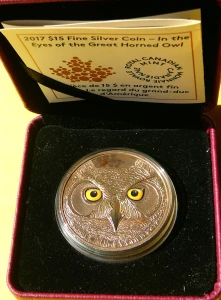 15$ KANADA 2017 W OCZACH PUCHACZA SOWA KOLOR SREBRO RZADKA