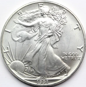 *1$ USA 1991 EAGLE ORZEŁ BOGINI WOLNOŚCI LIBERTY Ag Oz